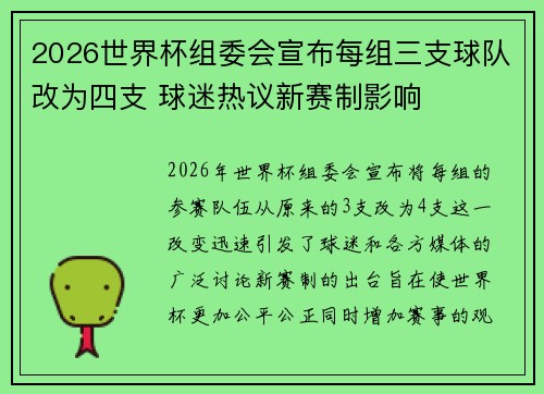 2026世界杯组委会宣布每组三支球队改为四支 球迷热议新赛制影响
